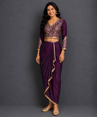 Deep purple embroidered silk draped skirt set 3