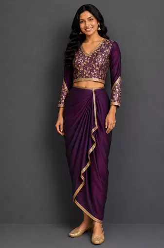 Deep purple embroidered silk draped skirt set