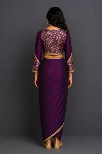 Deep purple embroidered silk draped skirt set