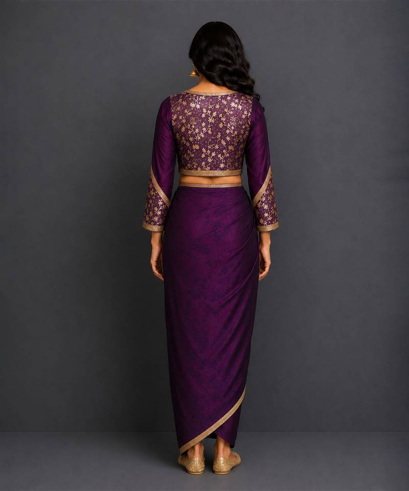 Deep purple embroidered silk draped skirt set