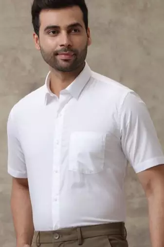 Men classic spread collar solid cotton formal shirt