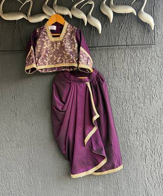 Deep purple embroidered silk draped skirt set 5