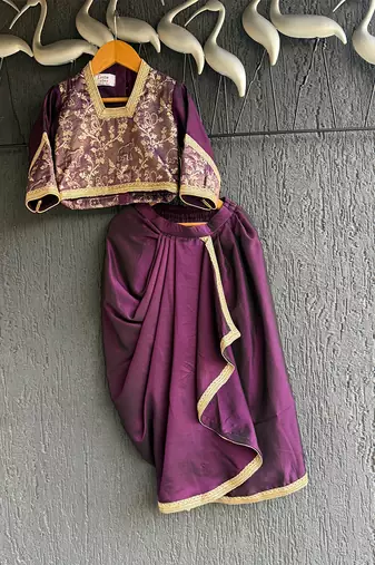 Deep purple embroidered silk draped skirt set