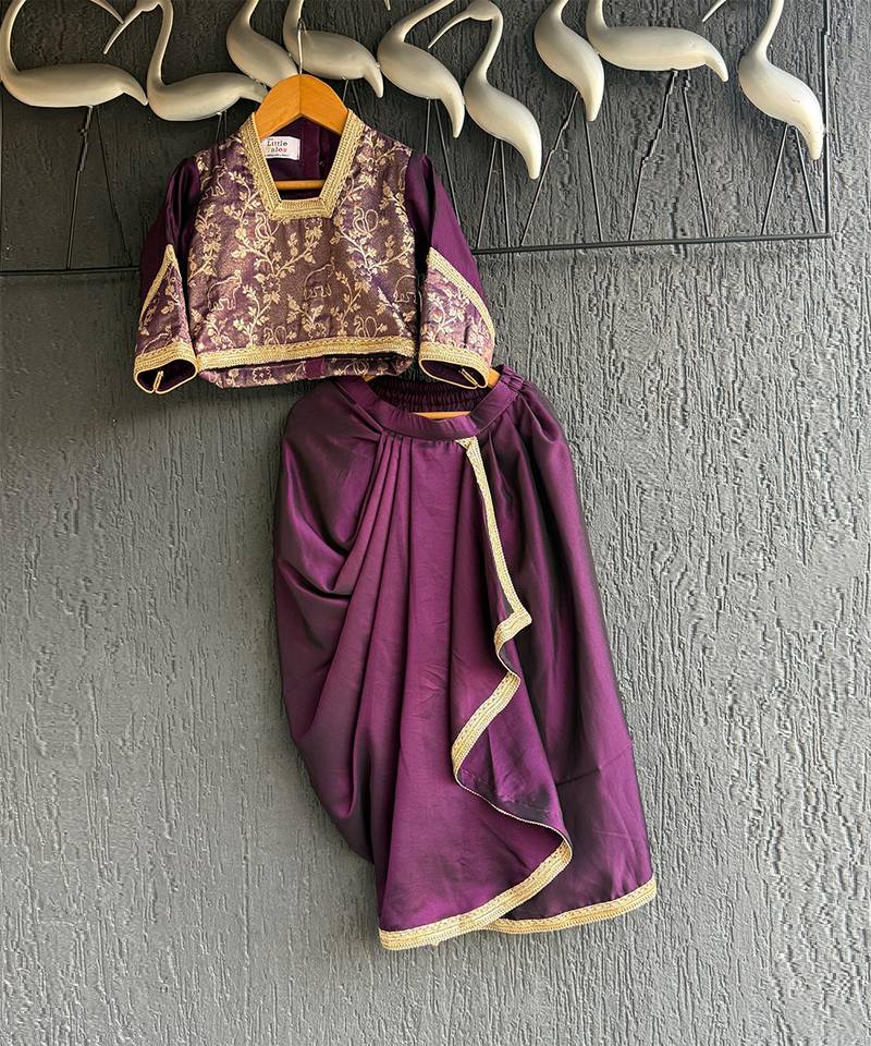 Deep purple embroidered silk draped skirt set