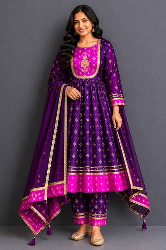 purple pink embroidered silk anarkali set