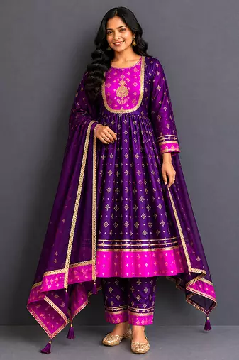 Deep plum purple embroidered silk anarkali set