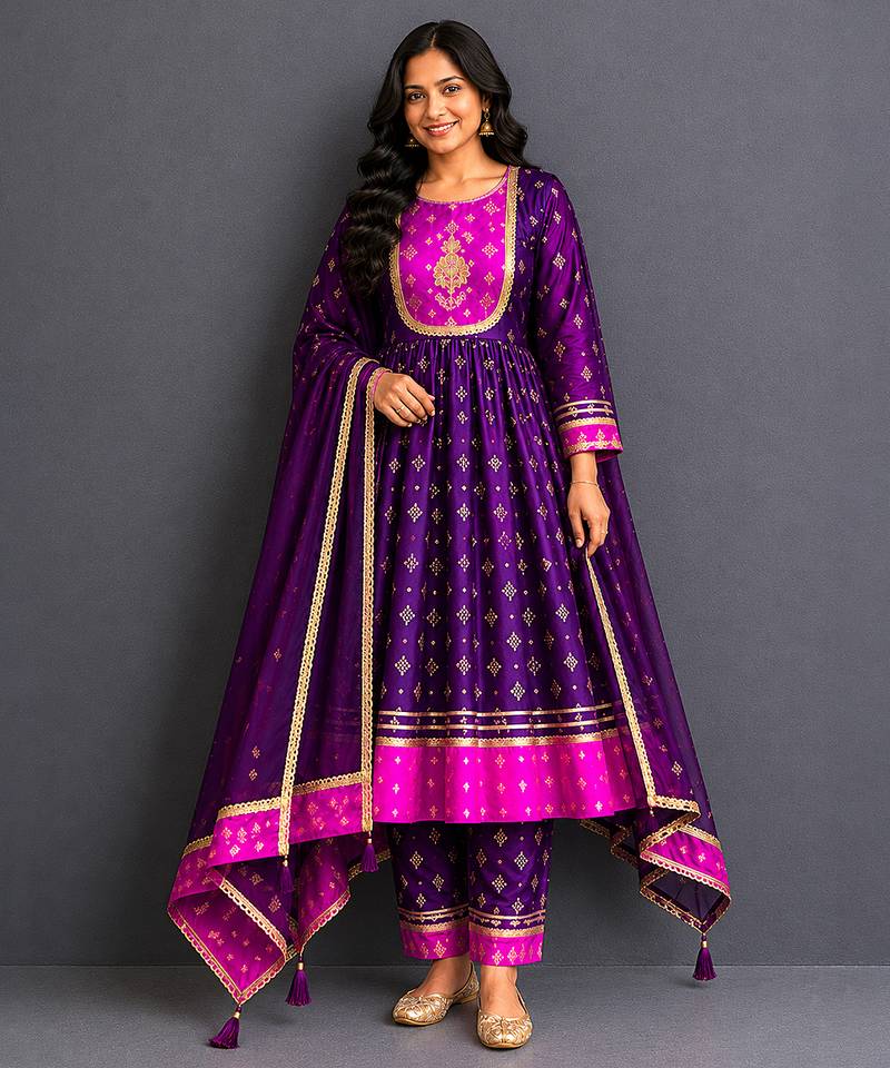 Deep plum purple embroidered silk anarkali set