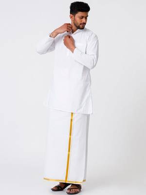 Ramraj cotton men full sleeves white medium kurta with 3/4" inch gold jari dhoti 1