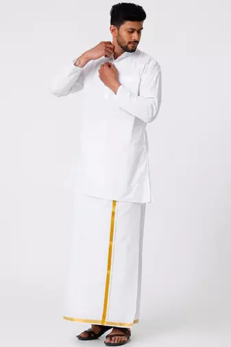 Ramraj cotton men full sleeves white medium kurta with 3/4" inch gold jari dhoti