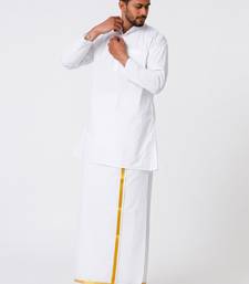 Ramraj cotton men full sleeves white medium kurta with 3/4" inch gold jari dhoti