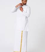 Ramraj cotton men full sleeves white medium kurta with 3/4" inch gold jari dhoti