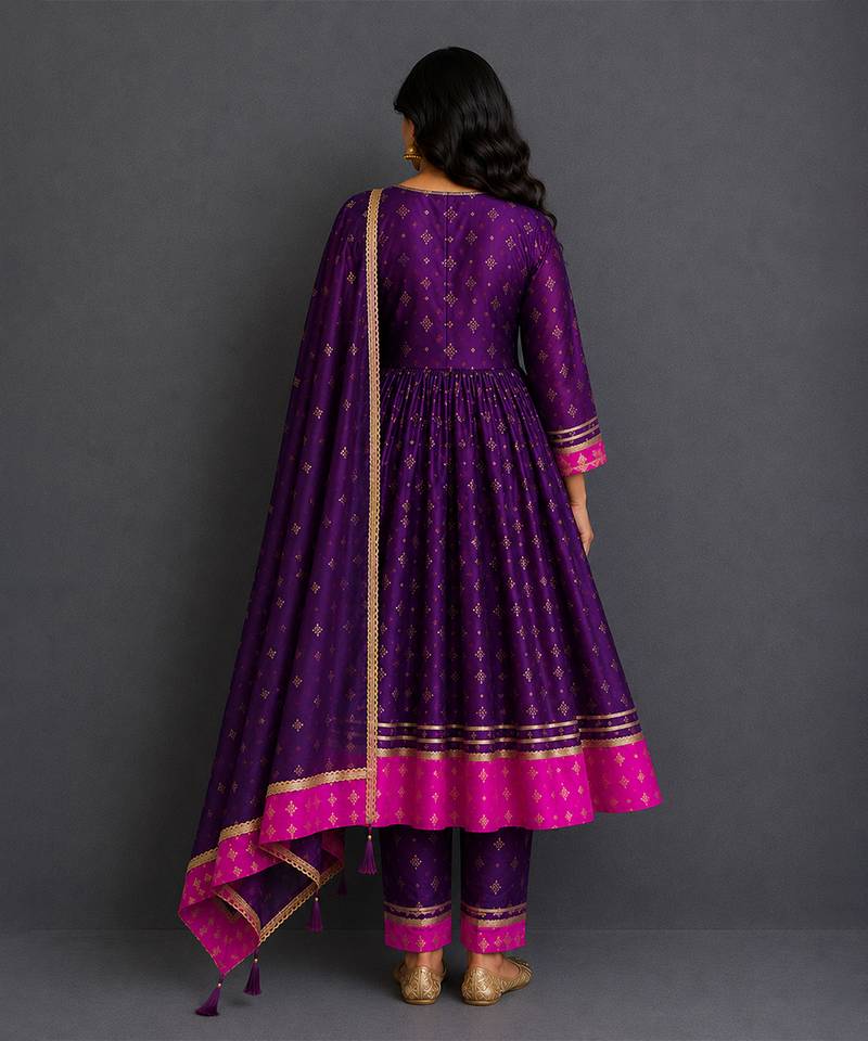 Deep plum purple embroidered silk anarkali set