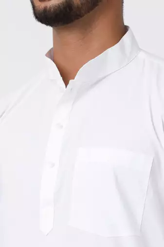 Ramraj cotton men full sleeves white medium kurta with 3/4" inch gold jari dhoti