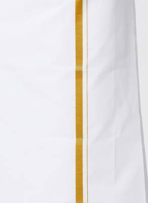 Ramraj cotton men full sleeves white medium kurta with 3/4" inch gold jari dhoti 3