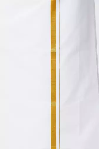 Ramraj cotton men full sleeves white medium kurta with 3/4" inch gold jari dhoti