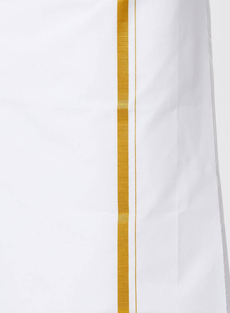 Ramraj cotton men full sleeves white medium kurta with 3/4" inch gold jari dhoti