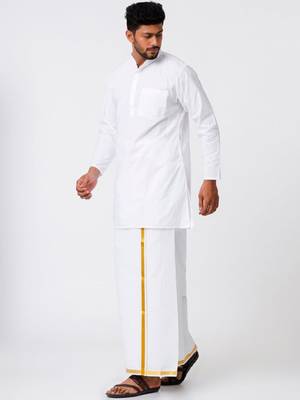 Ramraj cotton men full sleeves white medium kurta with 3/4" inch gold jari dhoti 4