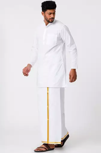 Ramraj cotton men full sleeves white medium kurta with 3/4" inch gold jari dhoti