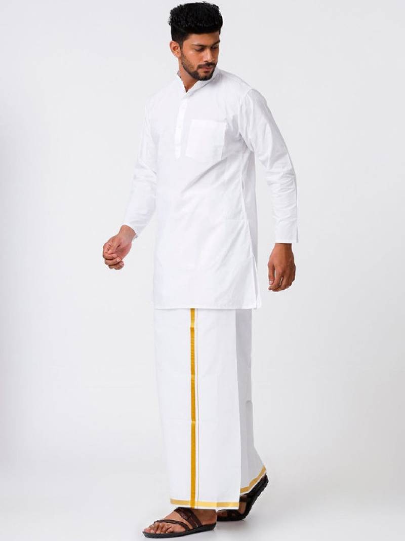 Ramraj cotton men full sleeves white medium kurta with 3/4" inch gold jari dhoti