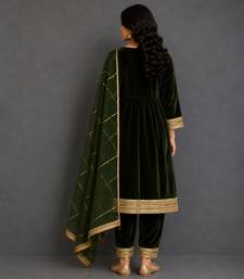 green embroidered velvet kurta set