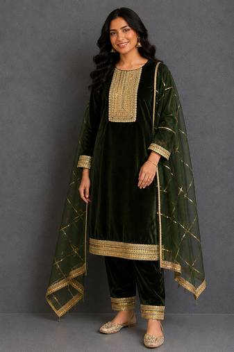 green embroidered velvet kurta set