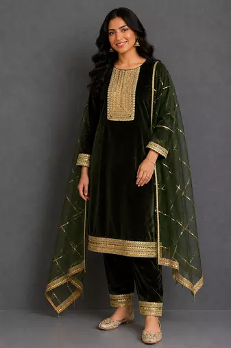 Bottle green embroidered velvet kurta set