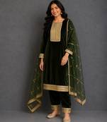 green embroidered velvet kurta set