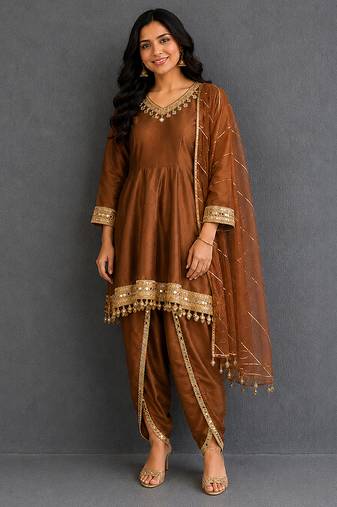 brown mirror embroidered silk kurta set