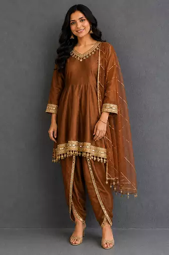 Metallic brown mirror embroidered silk kurta set