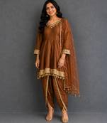 brown mirror embroidered silk kurta set
