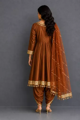 Metallic brown mirror embroidered silk kurta set