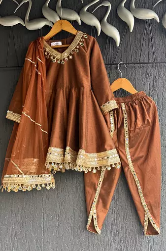 Metallic brown mirror embroidered silk kurta set