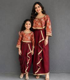 Maroon red brocade draped skirt set