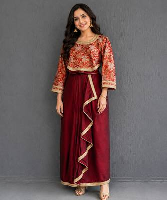 Maroon red brocade draped skirt set 3