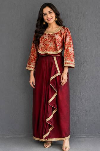 brown brocade draped skirt set