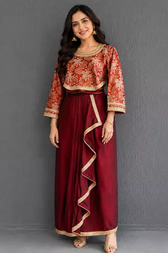 Maroon red brocade draped skirt set