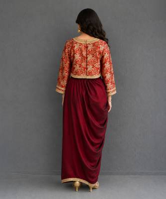 Maroon red brocade draped skirt set 4