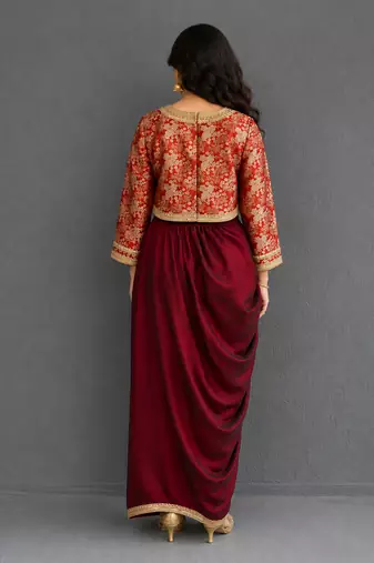 Maroon red brocade draped skirt set