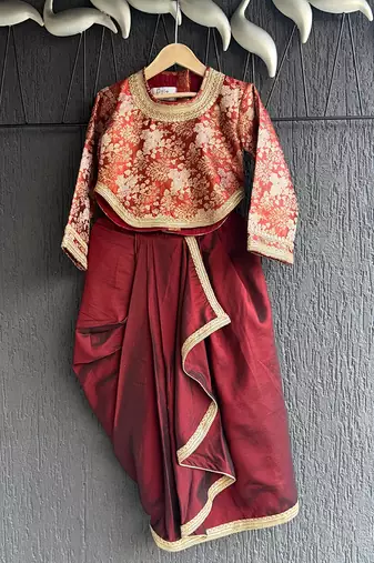 Maroon red brocade draped skirt set