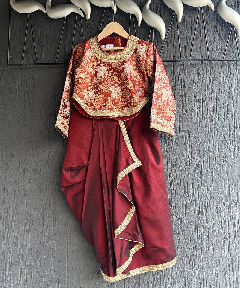 Maroon red brocade draped skirt set