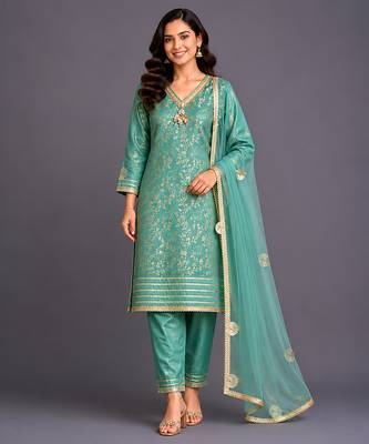 Aqua blue embroidered chanderi kurta set 3