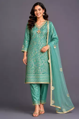 Aqua blue embroidered chanderi kurta set