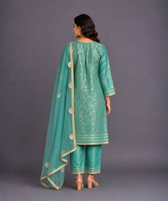 Aqua blue embroidered chanderi kurta set 4