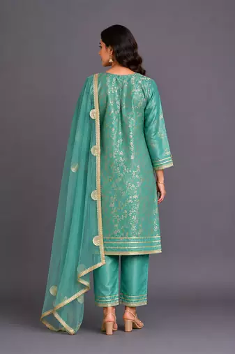 Aqua blue embroidered chanderi kurta set