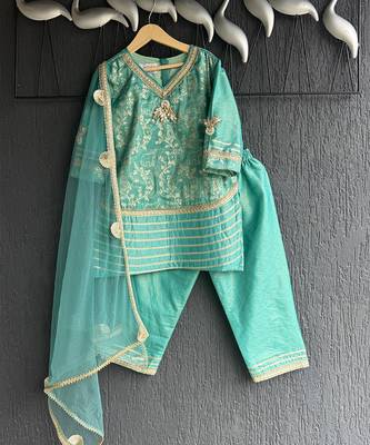 Aqua blue embroidered chanderi kurta set 5