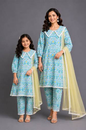 Blue printed silk kurta set