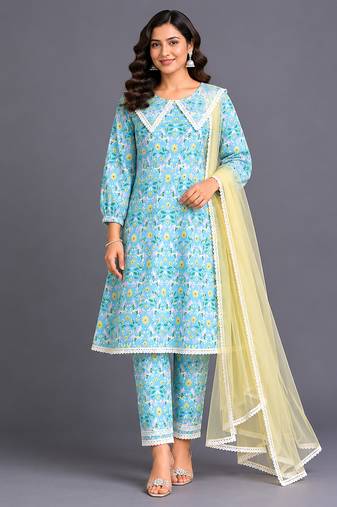 Blue printed silk kurta set