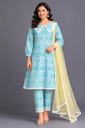 Sky blue printed silk kurta set