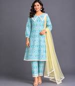 Blue printed silk kurta set