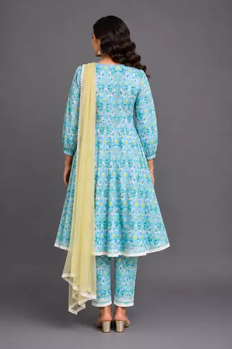 Sky blue printed silk kurta set